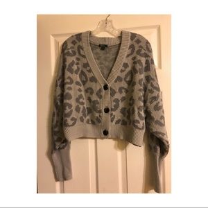 Grey Cropped Leopard Cardigan Sweater